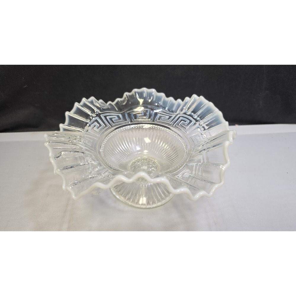 Northwood French Opalescent Greek Key Ruffled Edge Footed Candy Bowl